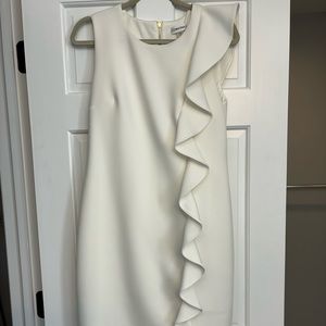 White Calvin Klein scuba dress with ruffle